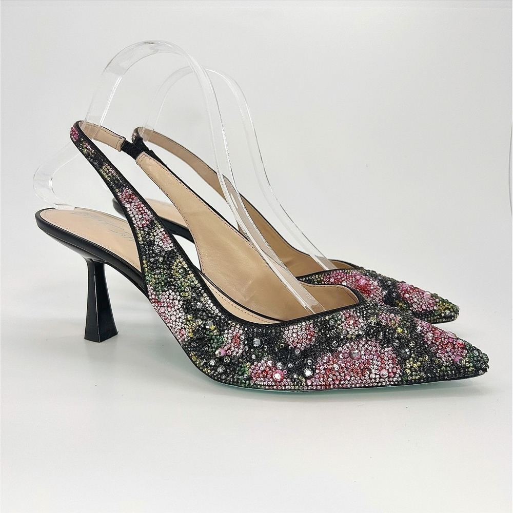 Betsey Johnson Clark Rhinestone Floral Slingback Pumps Black Pink Heels 10 NWOT - Picture 2 of 12